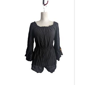 Feathers Romper Small Black Bell sleeve Floral Round neck Hippie Style Festival
